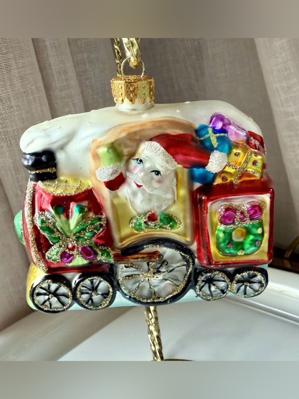 Blown Christmas Tree Or ament Glass Santa Claus in Train Filled W/Toys